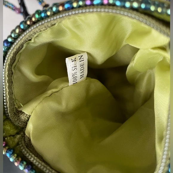 Velveteen Boho Mini Purse in Green has Feathers, Beaded Fringe and Strap. - Picture 7 of 7